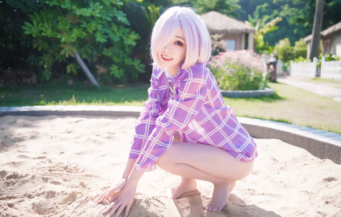 Photo wallpaper smile, sweetheart, Asian, beauty, sandbox, cosplay, adorable, bare feet
