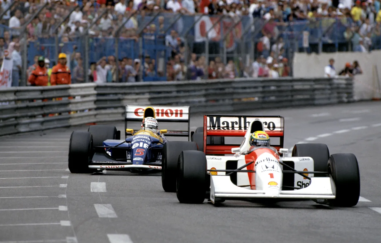 Photo wallpaper Ayrton Senna, Nigel Mansell, McLaren MP4/7, Williams FW14B, GP Monaco, Season 1992