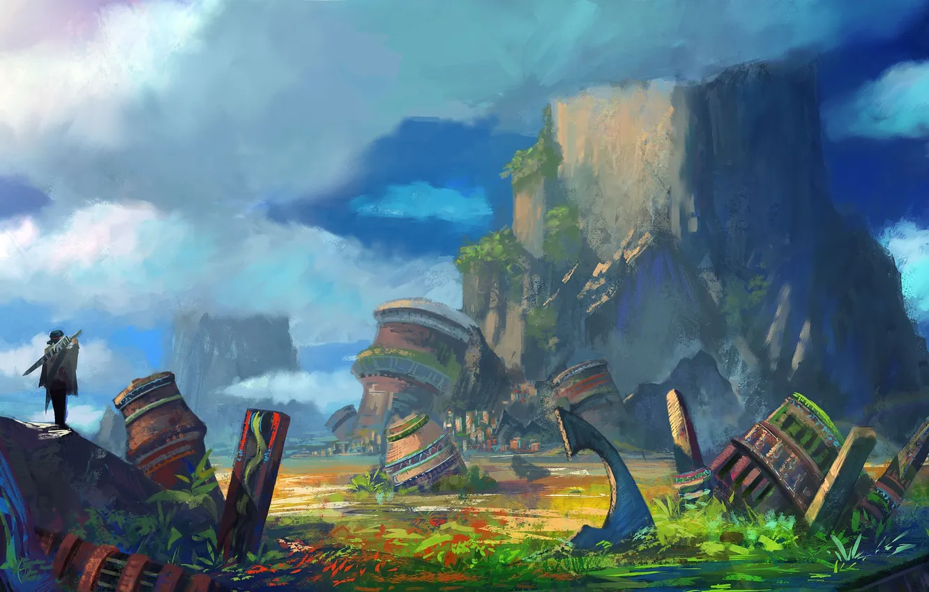 Photo wallpaper the sky, clouds, mountains, paint, the world, bright, art, fabulous