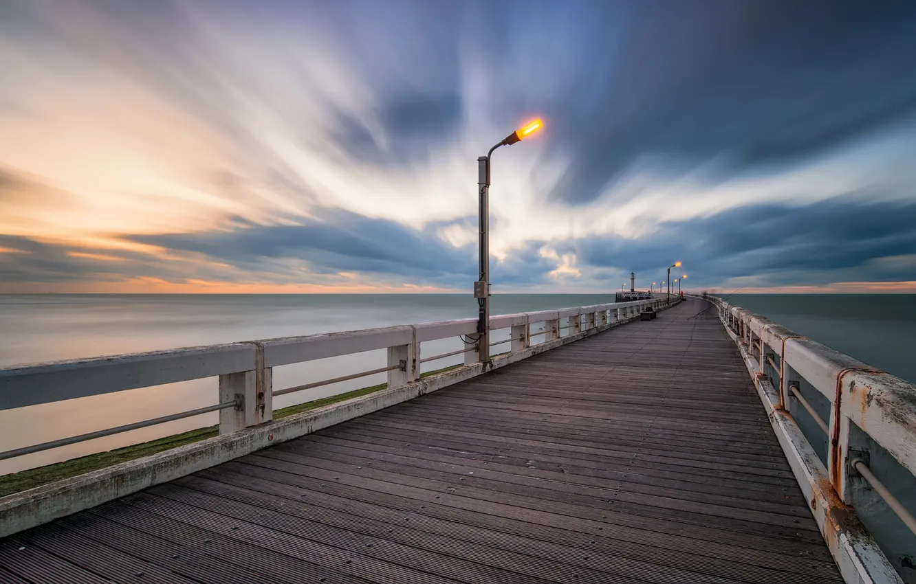 Photo wallpaper sea, sunset, bridge