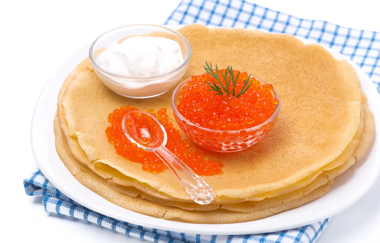 Photo wallpaper pancakes, caviar, red caviar, sour cream
