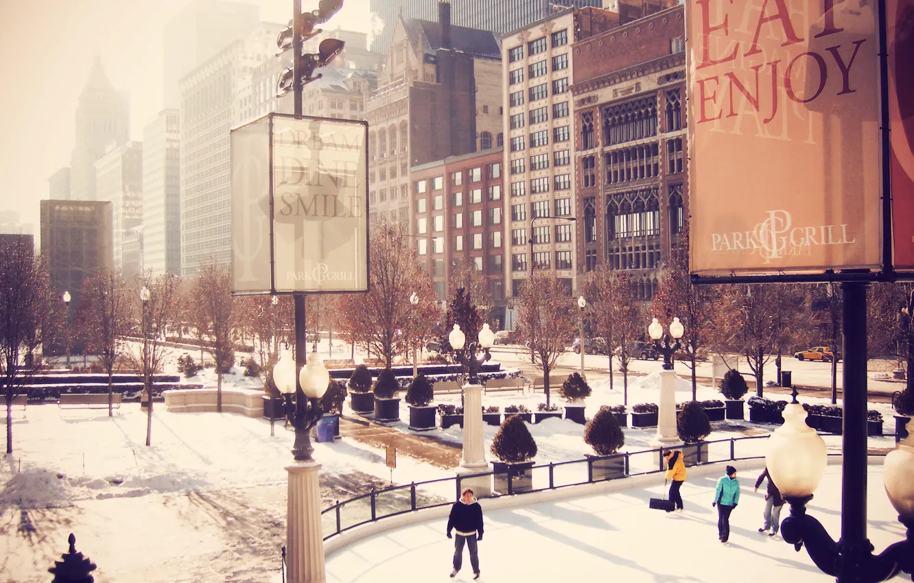 Photo wallpaper winter, city, people, building, skyscrapers, rink, USA, America