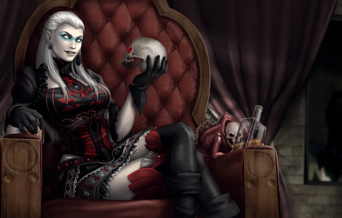 Photo wallpaper girl, skull, bottle, chair, the demon, the throne