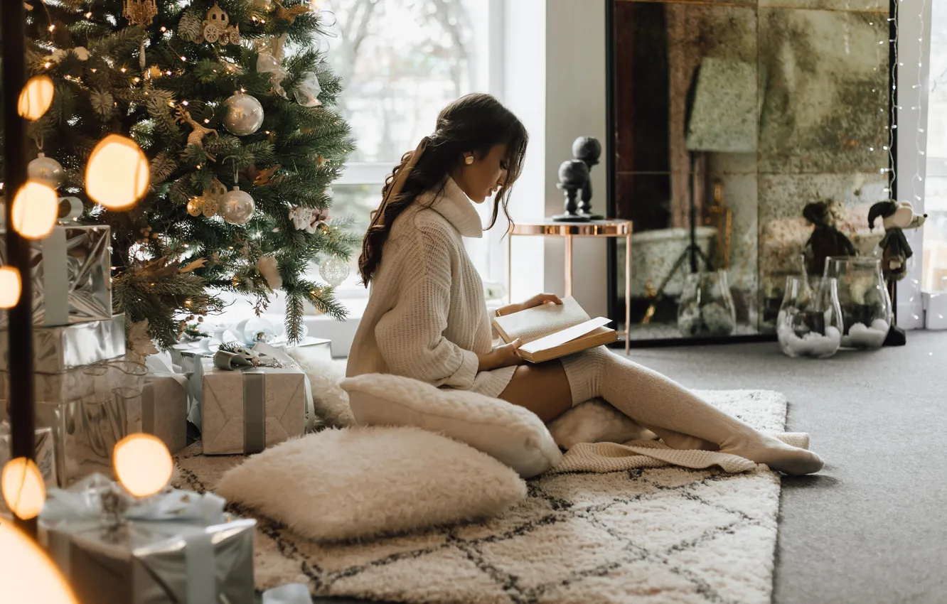 Photo wallpaper girl, balls, light, room, new year, interior, stockings, pillow