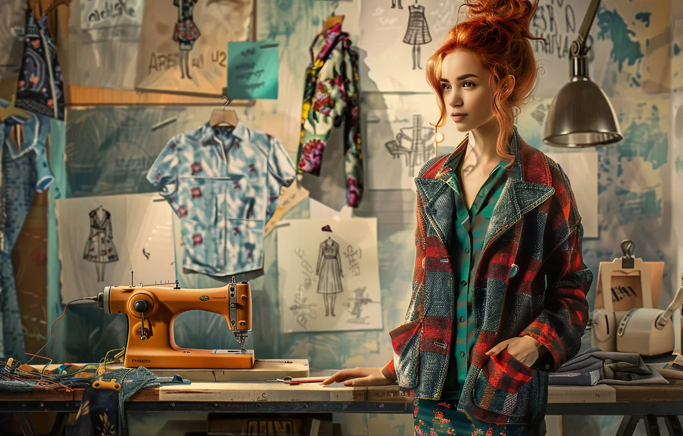 Photo wallpaper girl, table, sketch, red, designer, seamstress, digital art, fashion designer