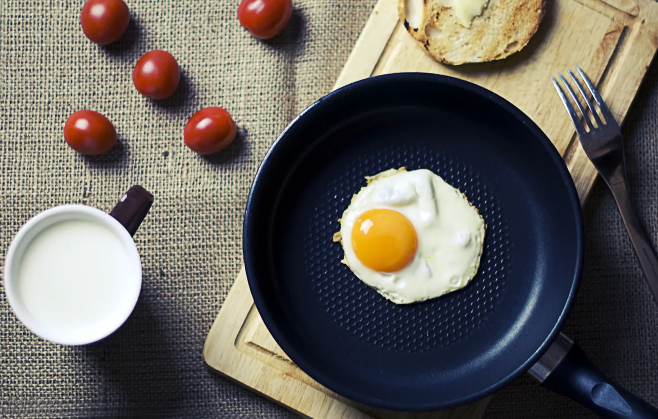 Photo wallpaper eggs, Breakfast, morning, milk, scrambled eggs, tomatoes, food, morning