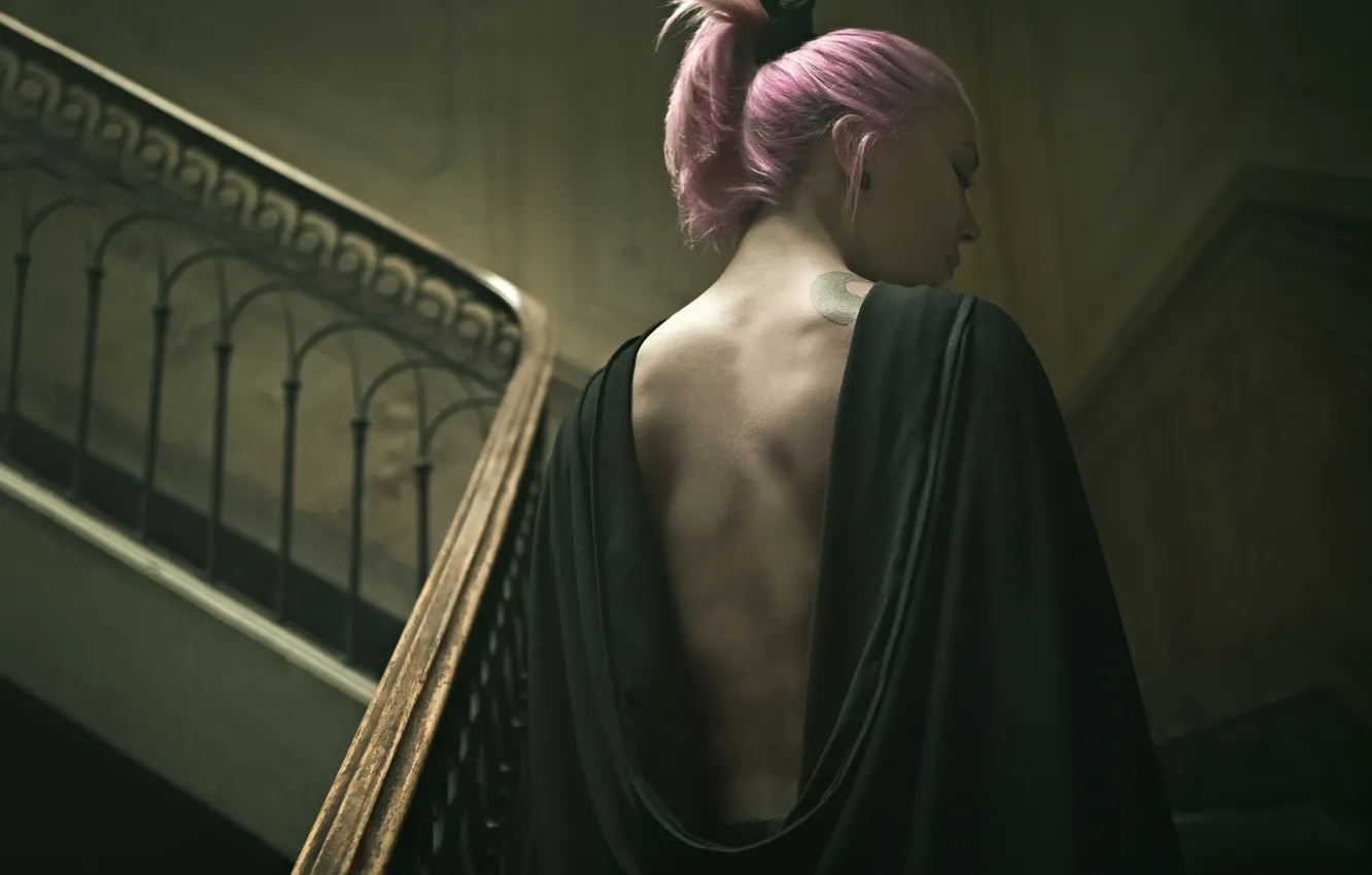 Photo wallpaper girl, pink hair, woman, braid, tattoo, female, stairs, Please
