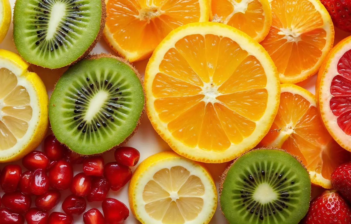 Photo wallpaper orange, kiwi, citrus, fruit, slices, pomegranate grains, AI art, neural network