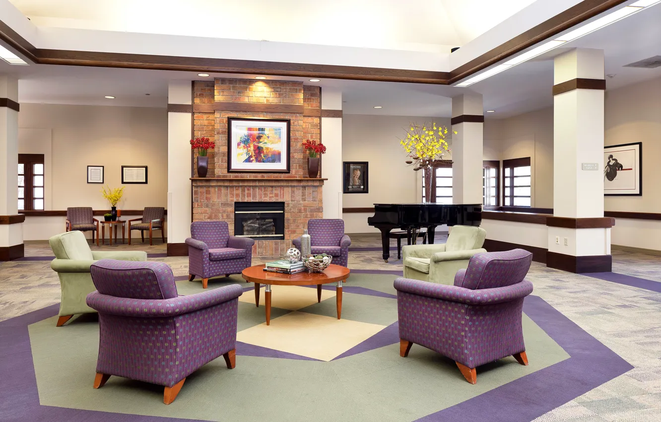 Photo wallpaper design, picture, chair, piano, fireplace, design, living room, interior