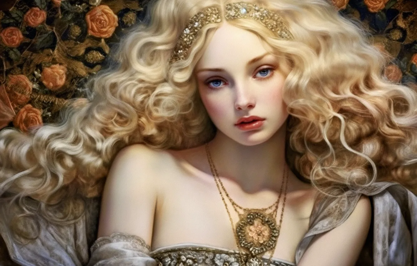 Photo wallpaper look, girl, decoration, flowers, face, portrait, roses, hands