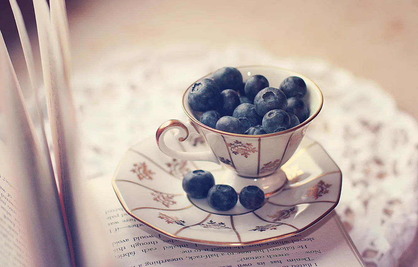 Photo wallpaper berries, Cup, book, page, saucer