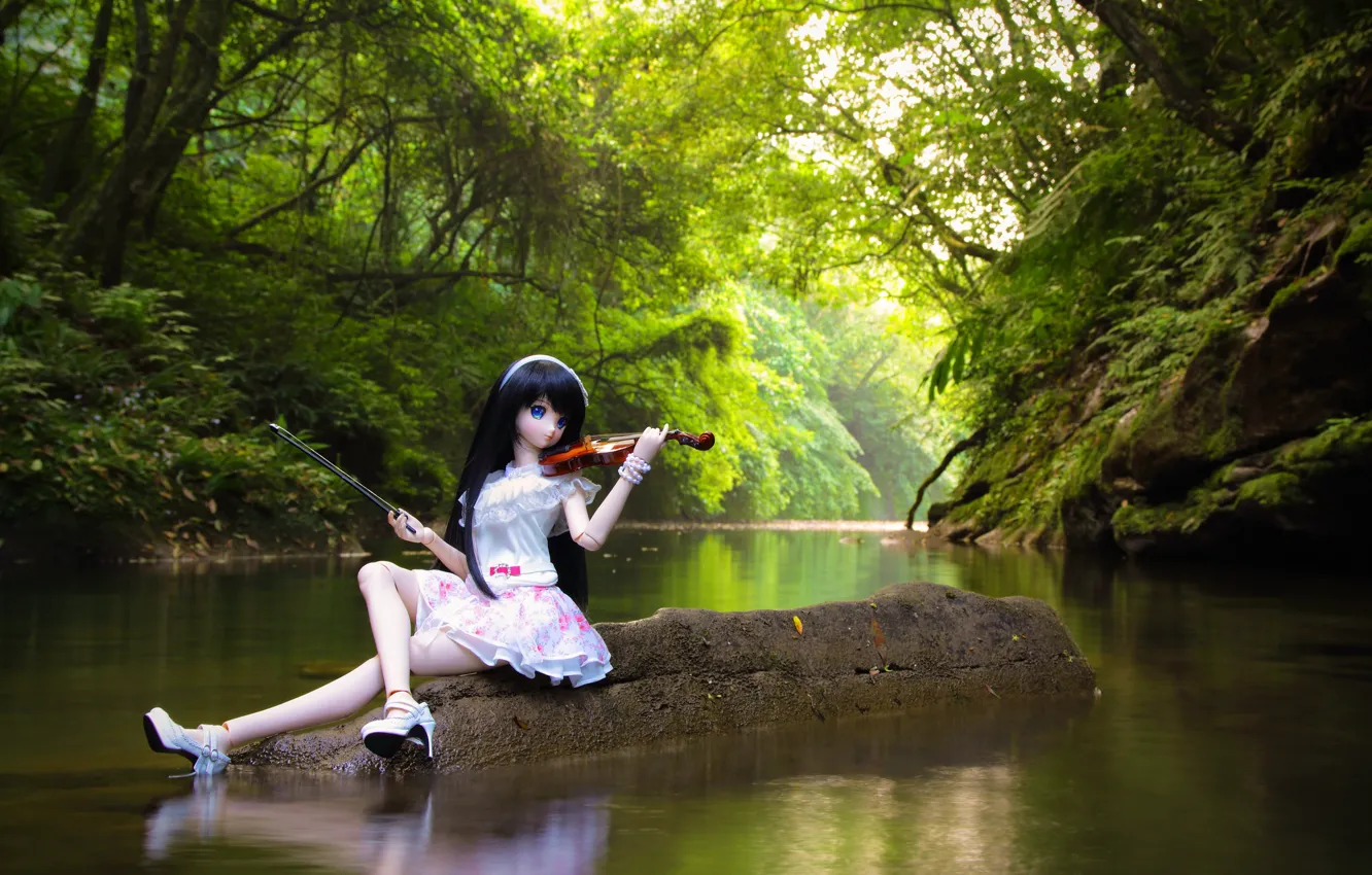 Photo wallpaper river, violin, doll