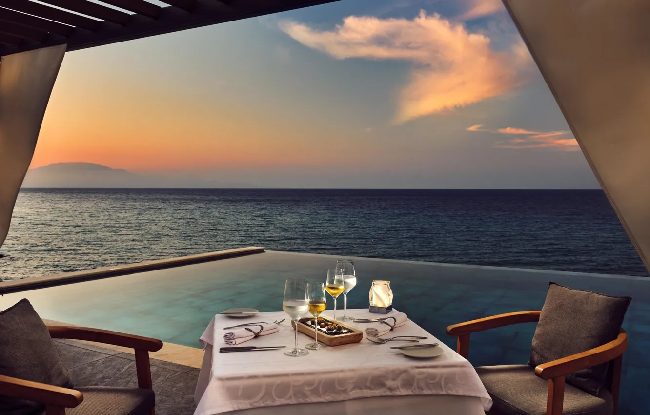 Photo wallpaper room, interior, the evening, pool, Greece, the hotel, resort, sea view
