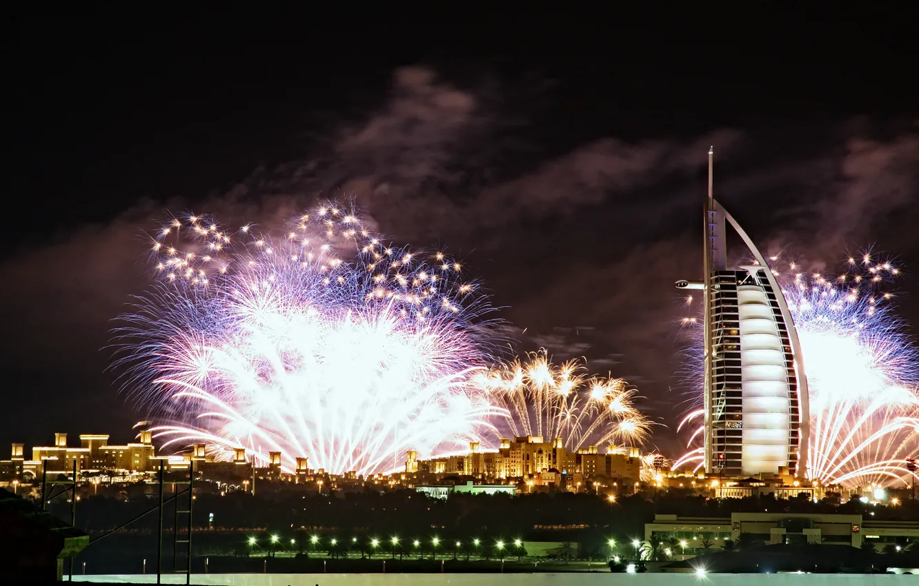 Photo wallpaper night, city, the city, lights, fireworks, the hotel, Dubai, burj al arab
