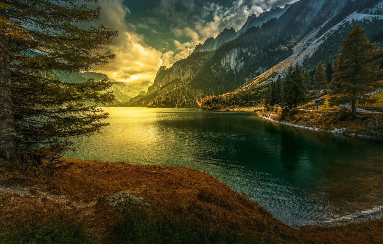 Photo wallpaper sunset, mountains, lake, Austria, Alps, Austria, Alps, Gosau