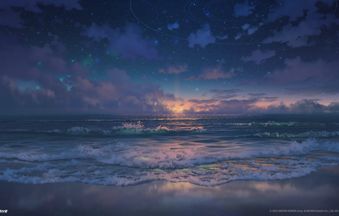 Photo wallpaper waves, sea, coast, sunset, stars