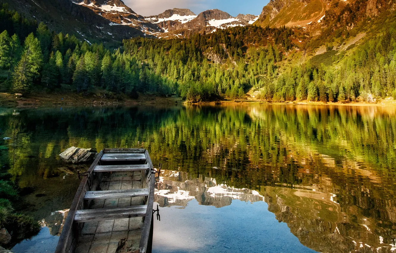 Photo wallpaper landscape, mountains, nature, lake, reflection, boat, Austria, Alps