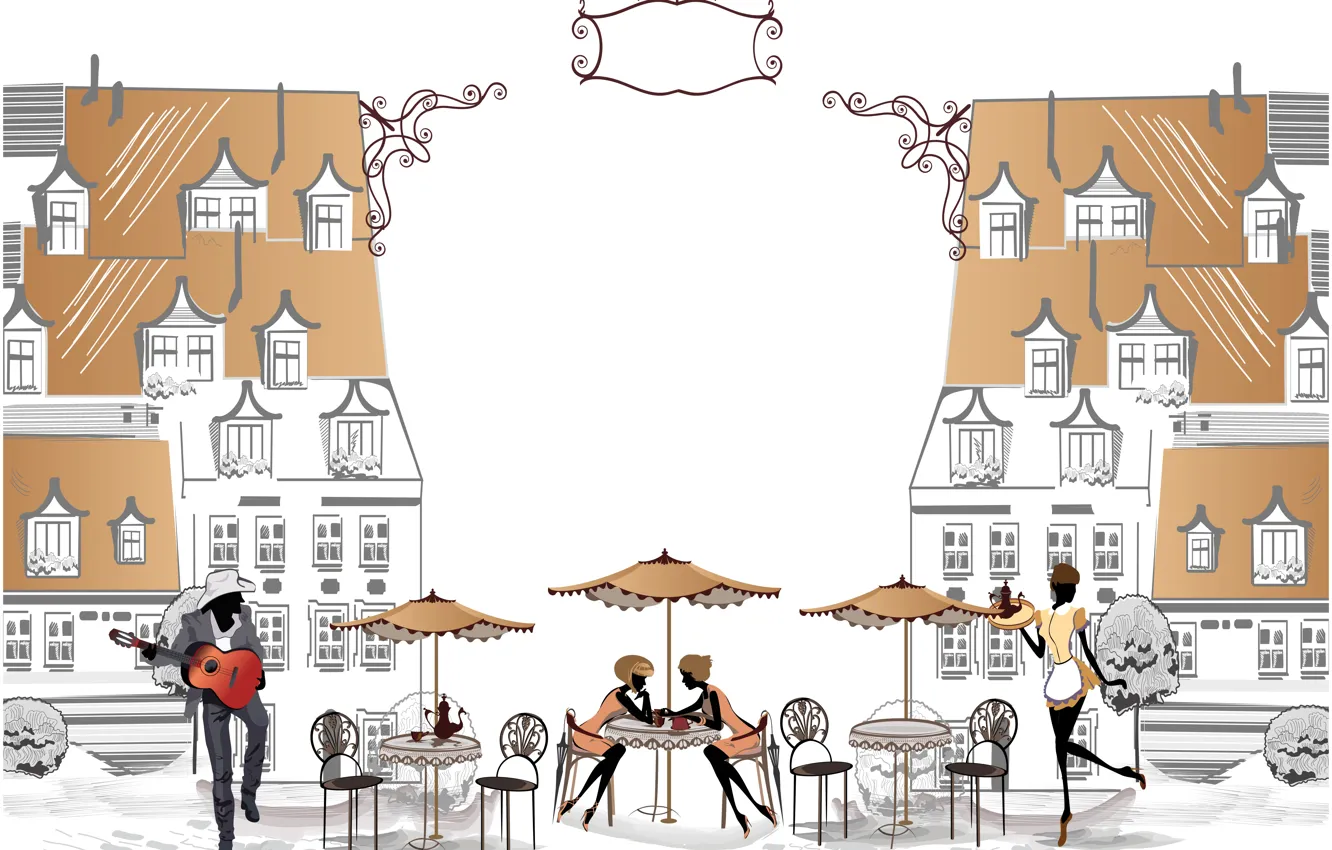 Photo wallpaper girl, music, street, building, area, cafe, guy, table