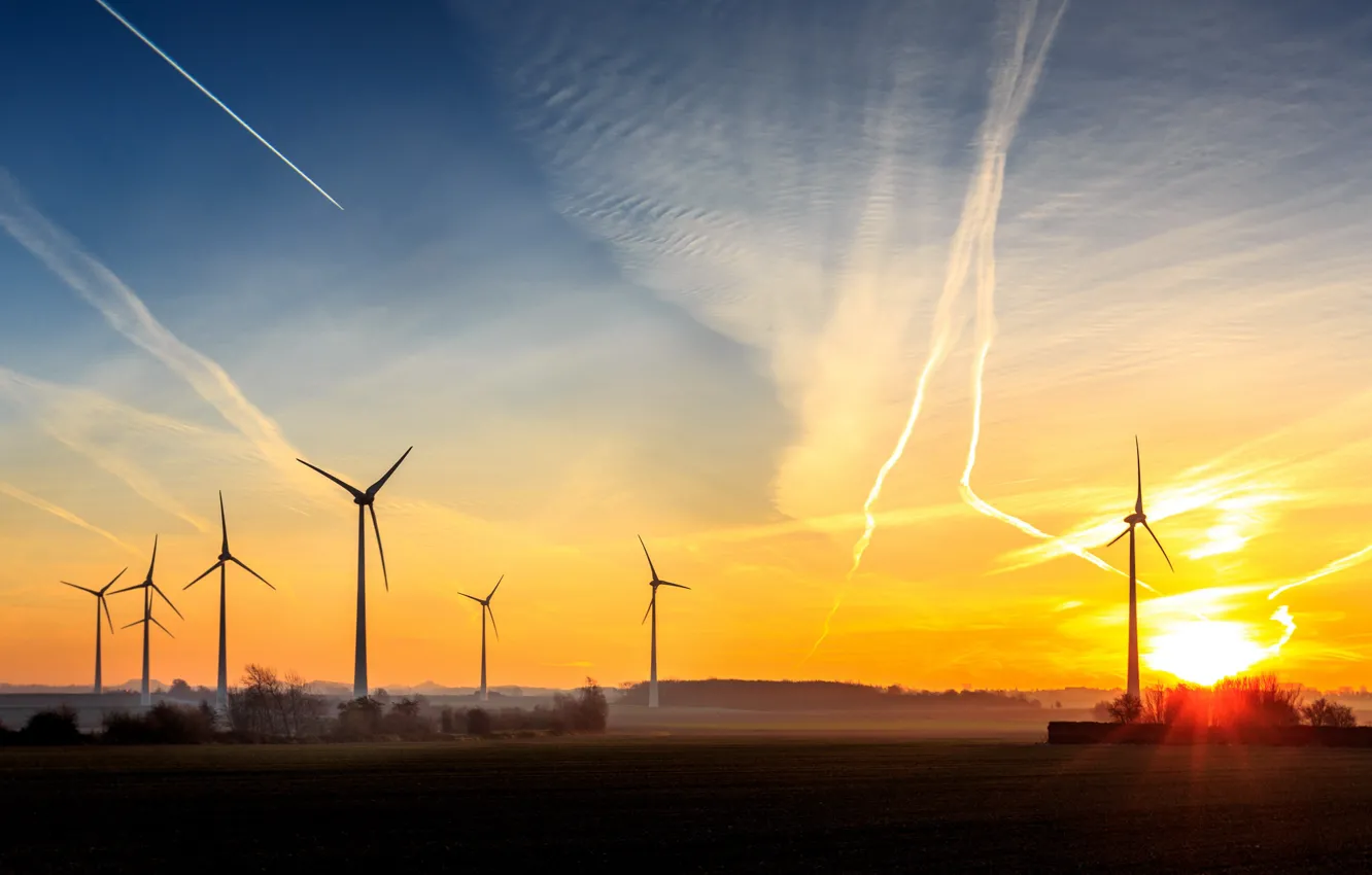 Photo wallpaper sunset, nature, windmills