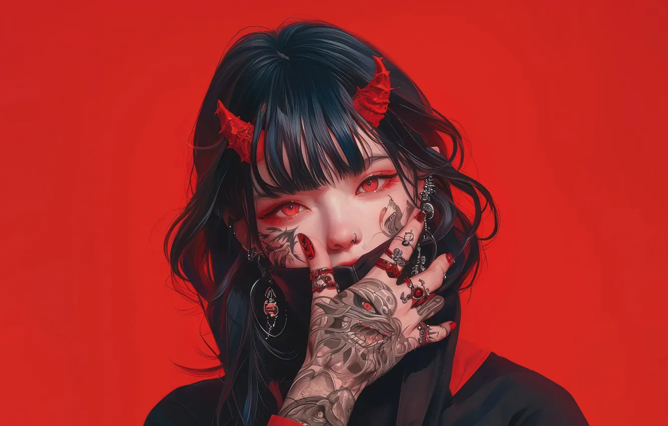 Photo wallpaper devil, anime, red eyes, tattoo, horn, anime girl, AI Generated, Semon