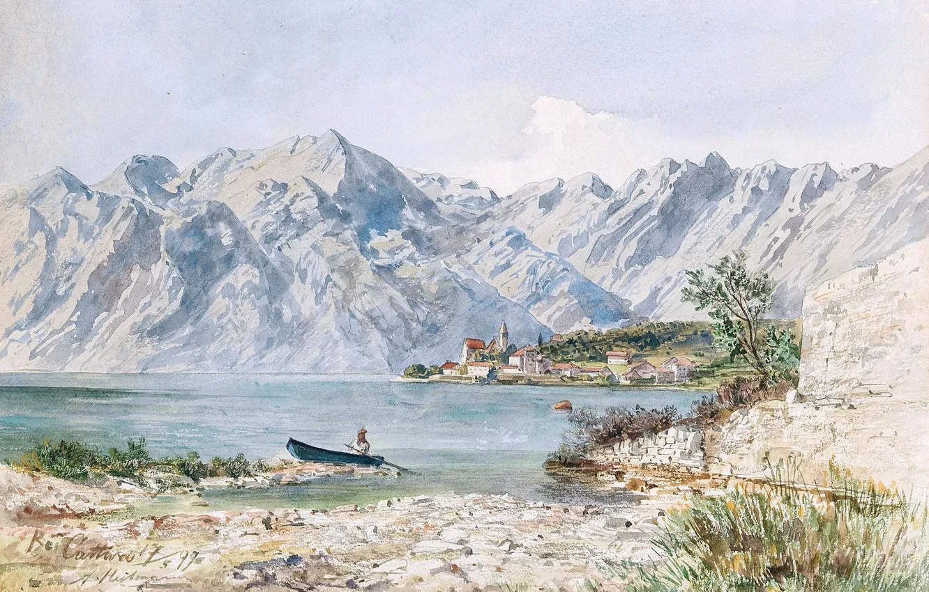 Photo wallpaper mountains, lake, boat, home, picture, Austrian artist, Anton Paul Heilmann, Anton Paul Heilmann