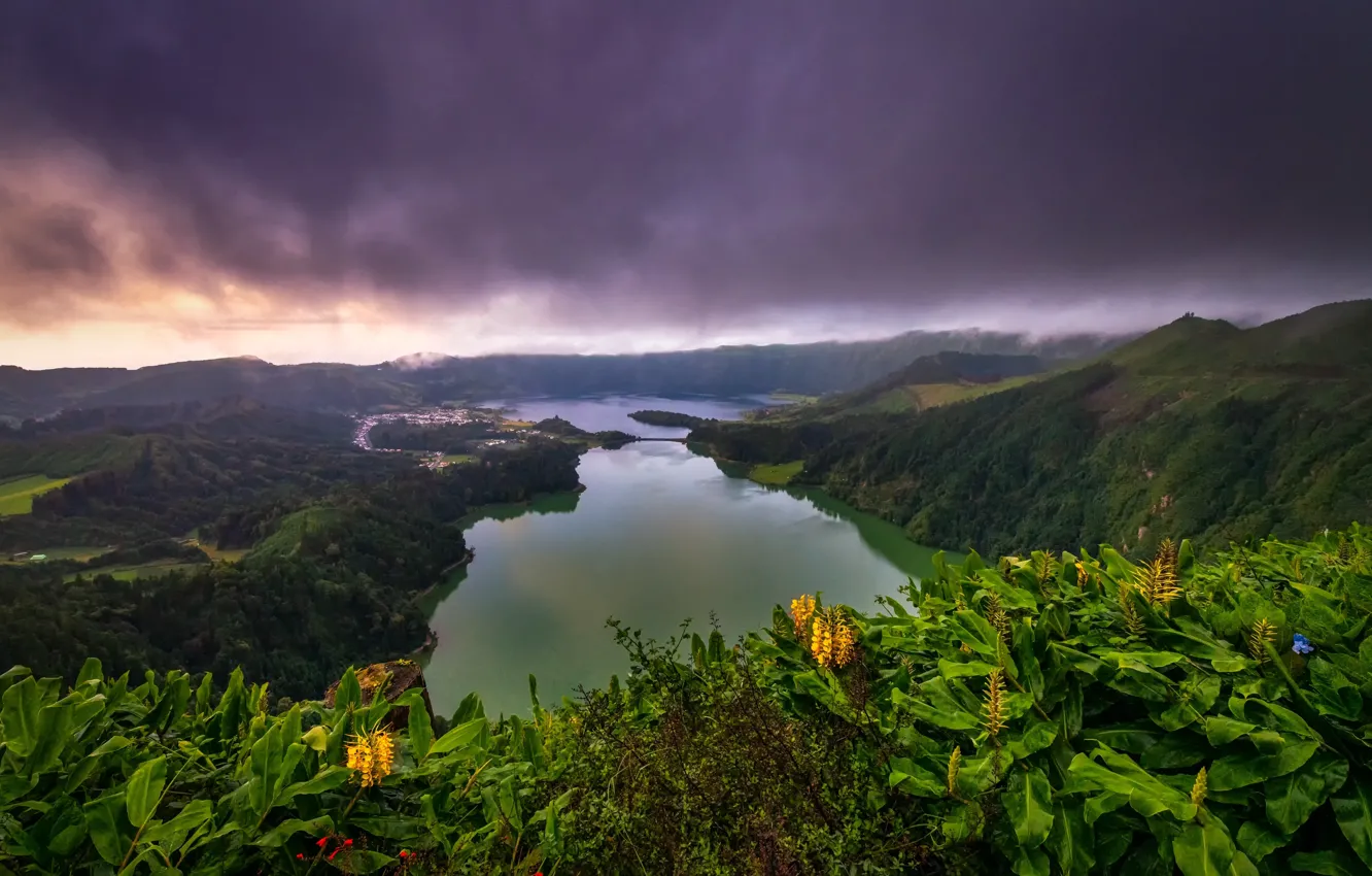 Photo wallpaper landscape, mountains, clouds, nature, lake, hills, forest, Azores