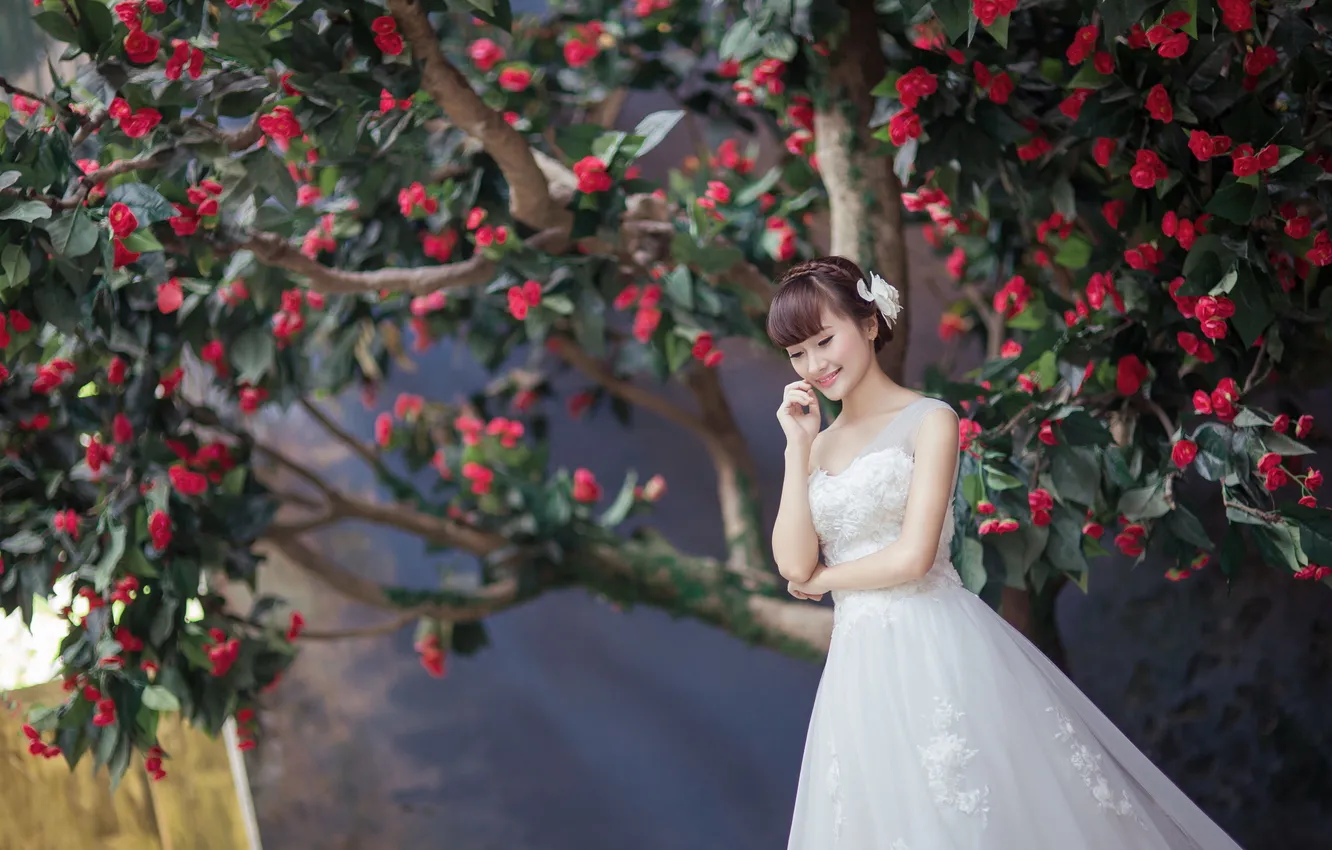 Photo wallpaper girl, trees, Asian