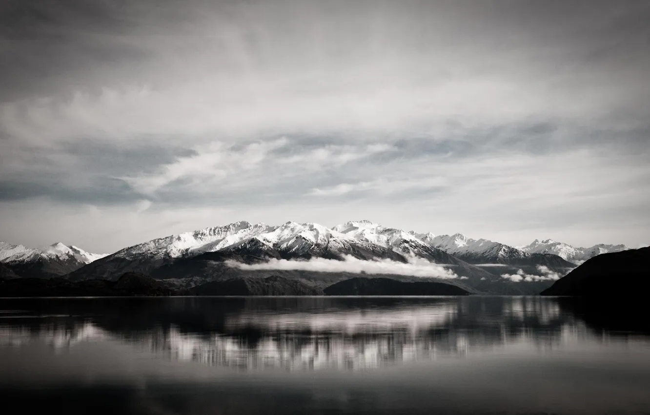 Photo wallpaper white, the sky, water, mountains, lake, black