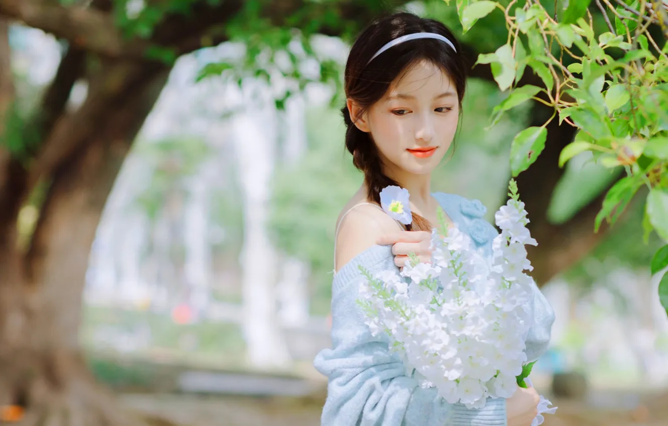 Photo wallpaper trees, woman, smile, flowers, beautiful, model, pretty, asian