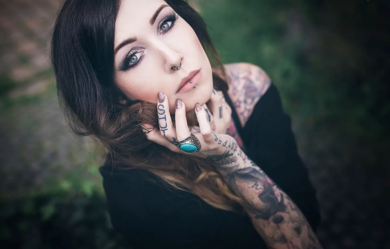 Photo wallpaper makeup, piercing, brunette, ring, tattoo, tattoo