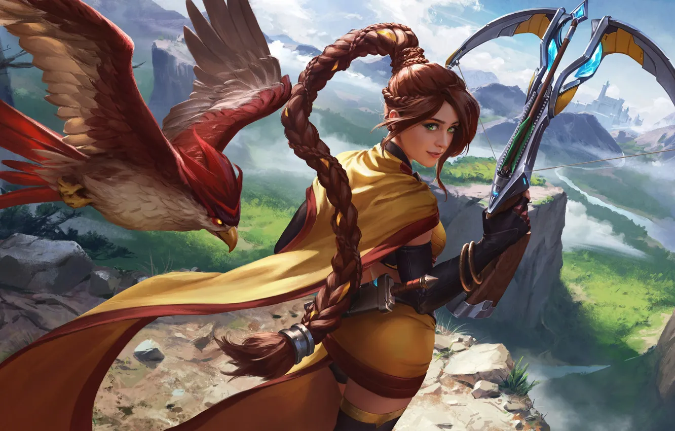 Photo wallpaper forest, the sky, look, girl, clouds, mountains, river, weapons