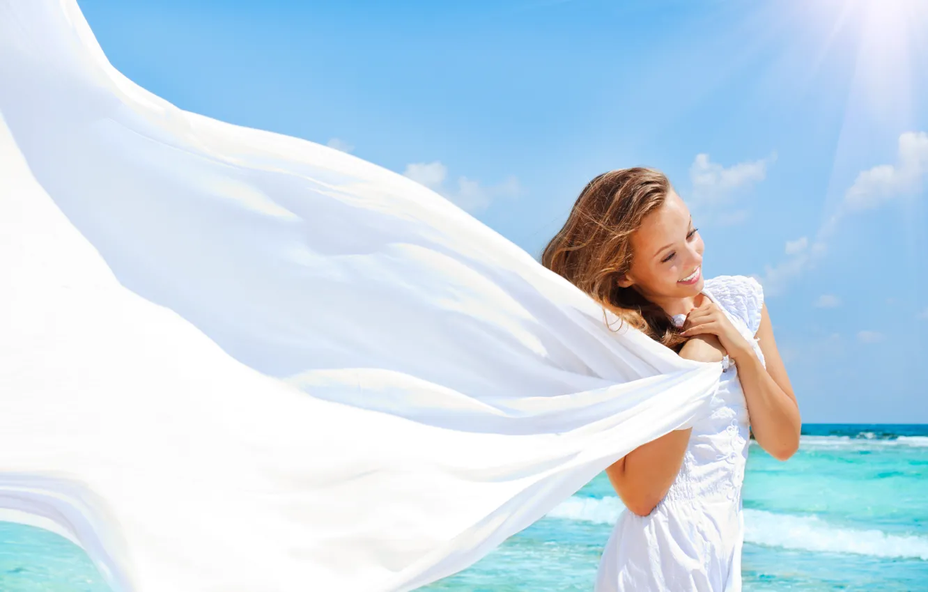 Photo wallpaper girl, the sun, smile, body, dress, fabric, token