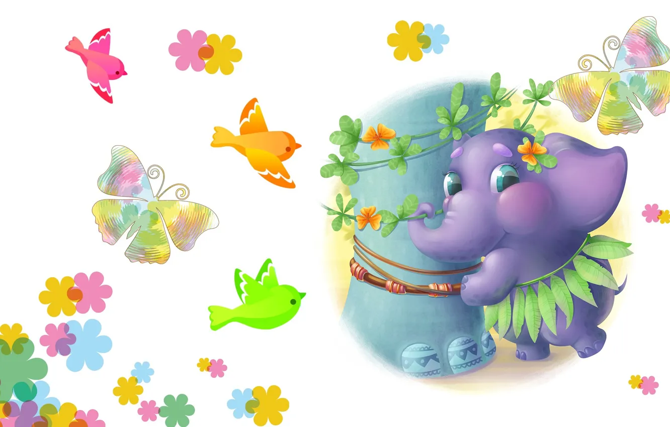 Photo wallpaper leaves, flowers, elephant, baby, art, Africa, cutie, mom