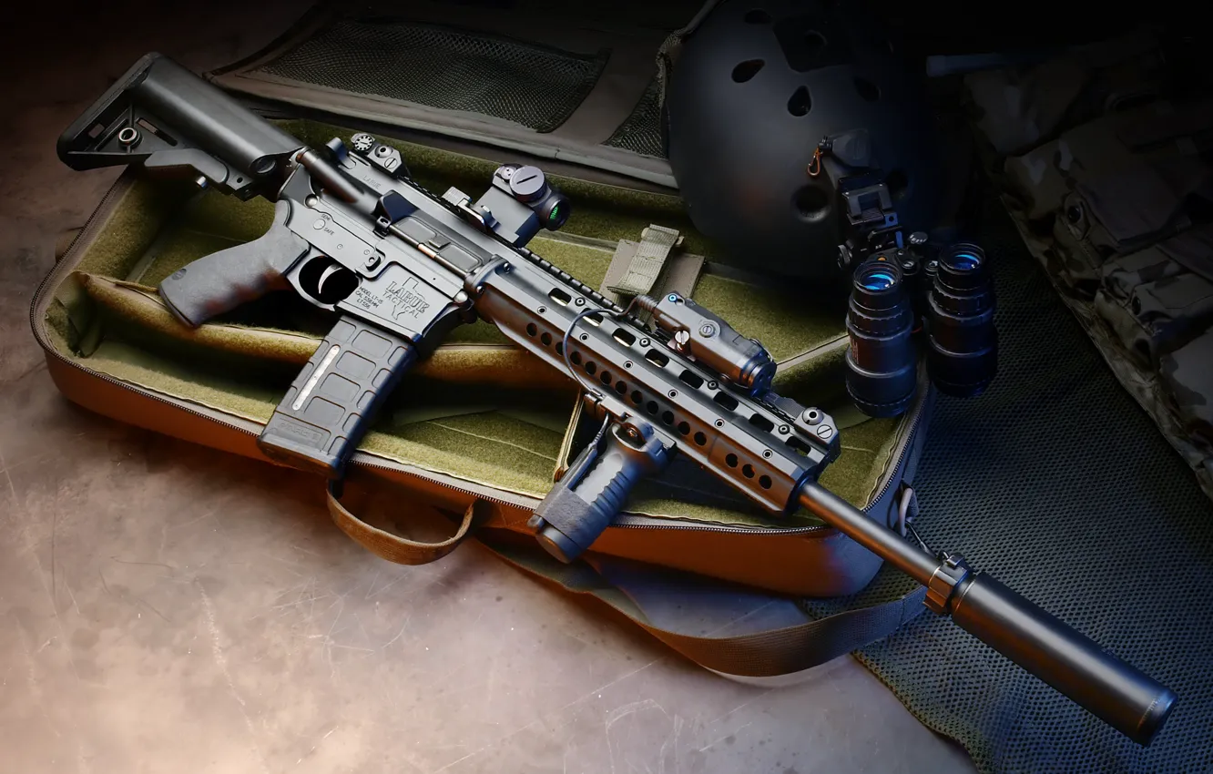 Photo wallpaper devices, machine, suitcase, night, helmet, muffler, hd wallpaper, assault rifle