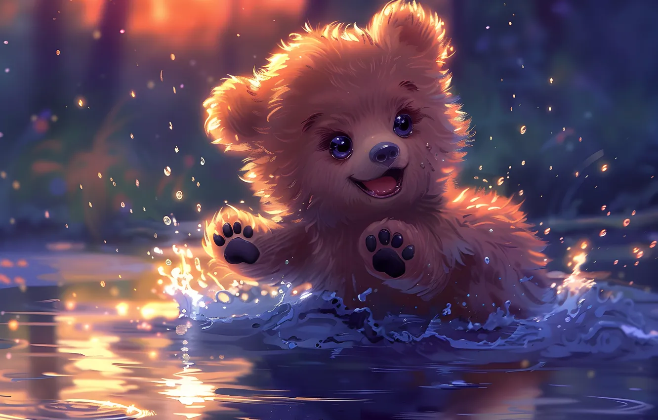 Photo wallpaper water, joy, squirt, bear, bear, river, brown bear, digital art