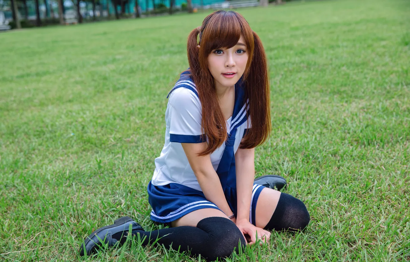 Photo wallpaper look, pose, lawn, model, skirt, portrait, stockings, makeup