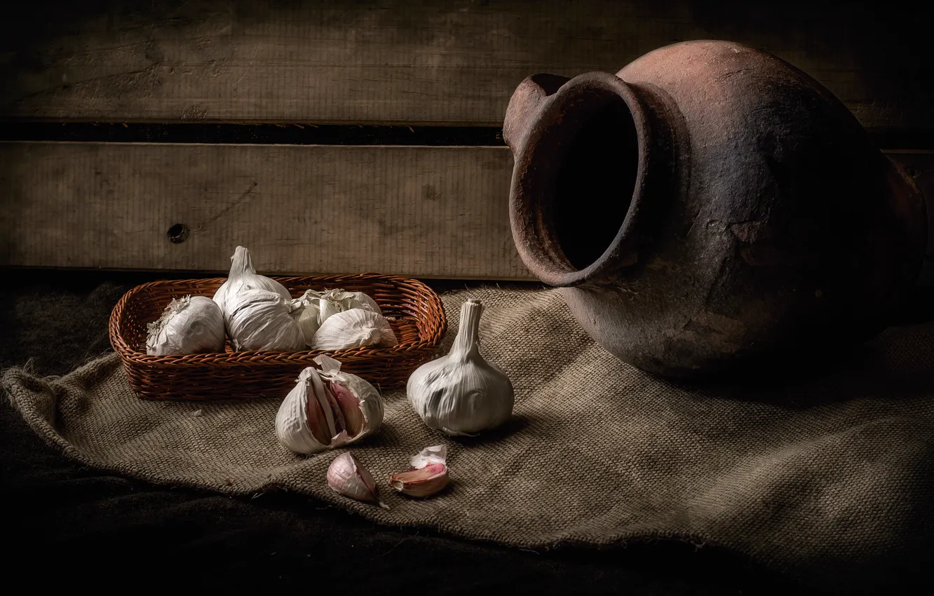 Photo wallpaper pitcher, still life, basket, garlic