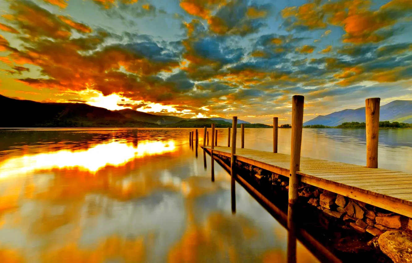 Photo wallpaper the sky, clouds, sunset, mountains, lake, pier, the bridge