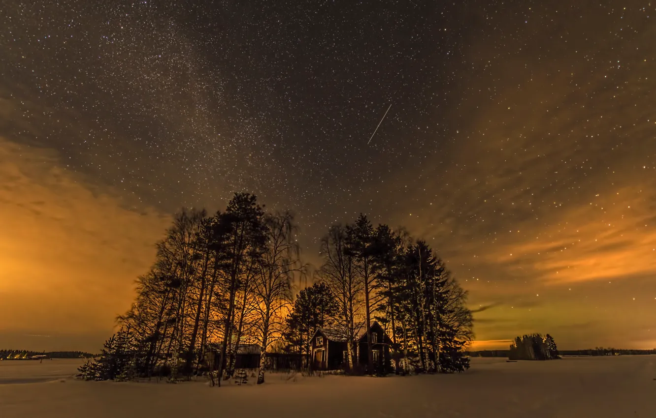 Photo wallpaper winter, the sky, stars, snow, trees, night, home
