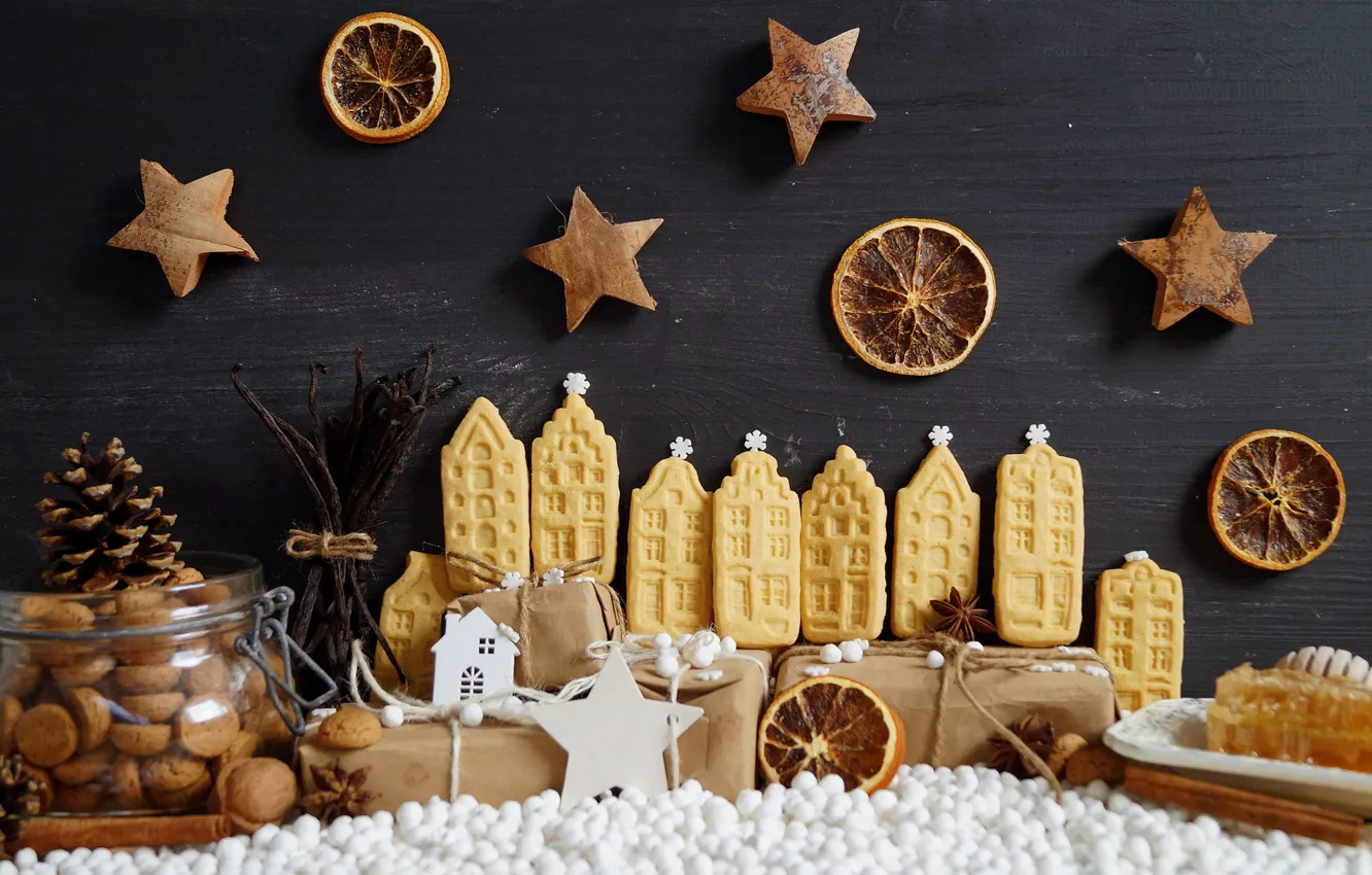 Photo wallpaper winter, stars, balls, snow, snowflakes, night, the dark background, sprig