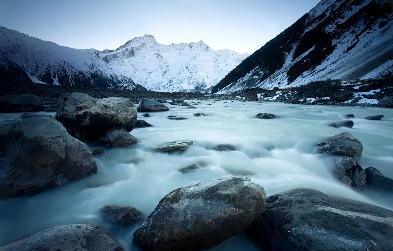 Photo wallpaper winter, landscape, mountains, river, ice