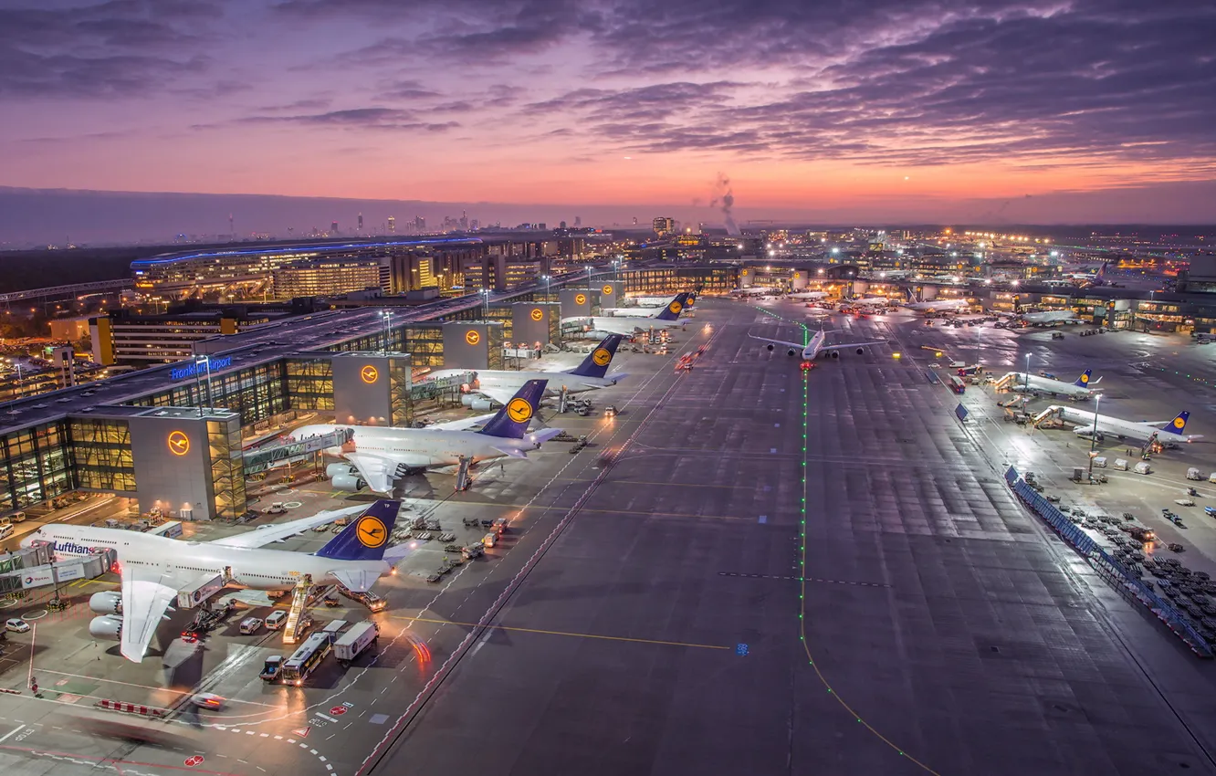 Photo wallpaper Germany, sunrise, Frankfurt Airport