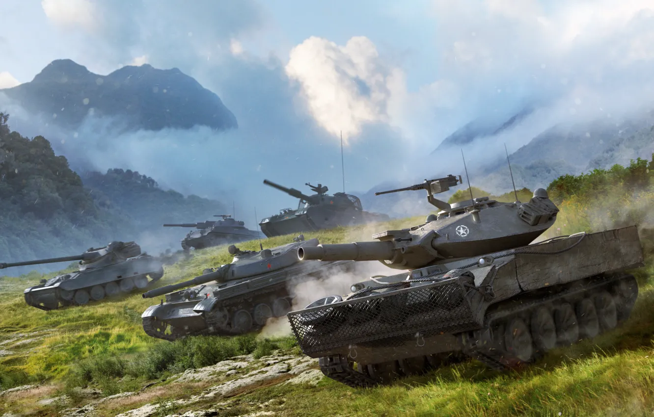 Photo wallpaper The sky, Clouds, Mountains, Grass, Tanks, WoT, World of Tanks, World Of Tanks