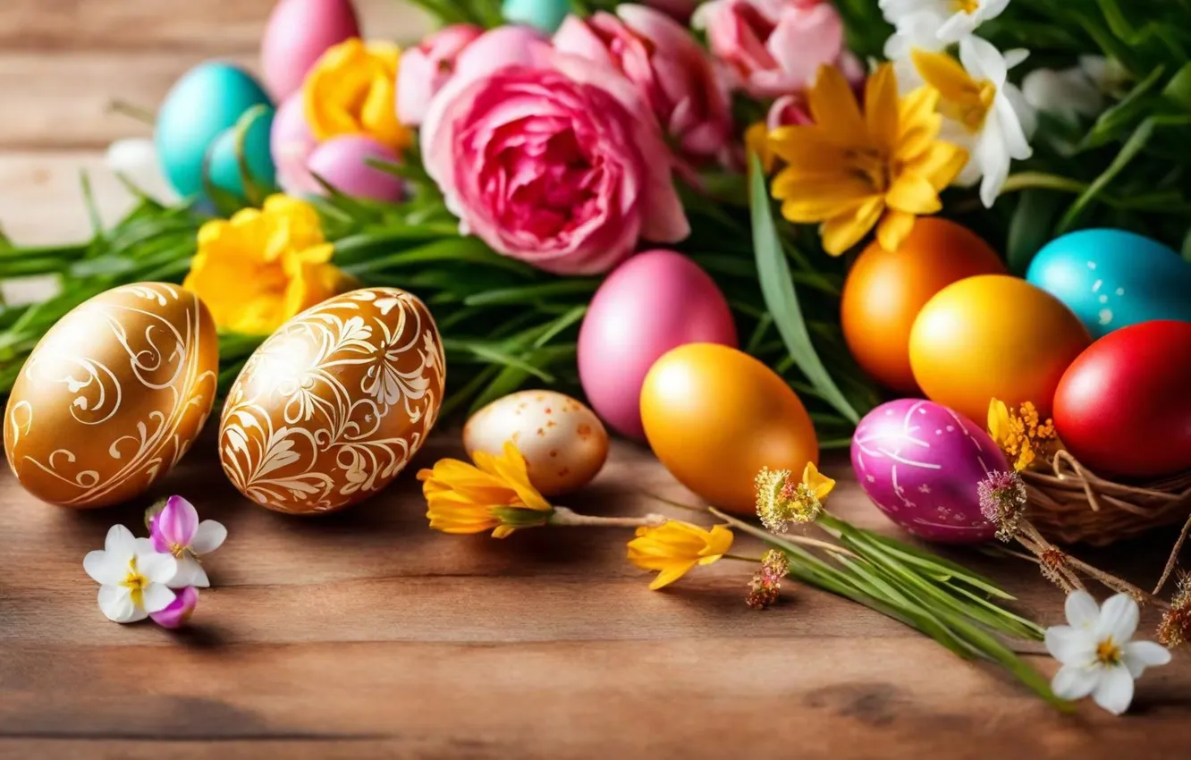 Photo wallpaper flowers, eggs, spring, colorful, Easter, flowers, spring, Easter