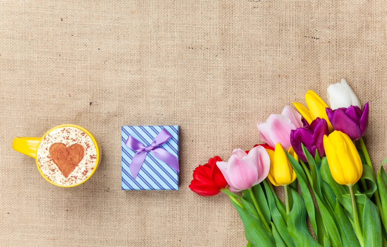 Photo wallpaper flowers, heart, colorful, tulips, heart, wood, cup, romantic