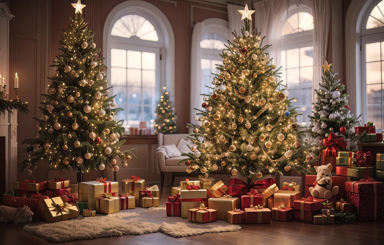 Photo wallpaper decoration, room, gift, tree, new year, interior, Christmas, Christmas
