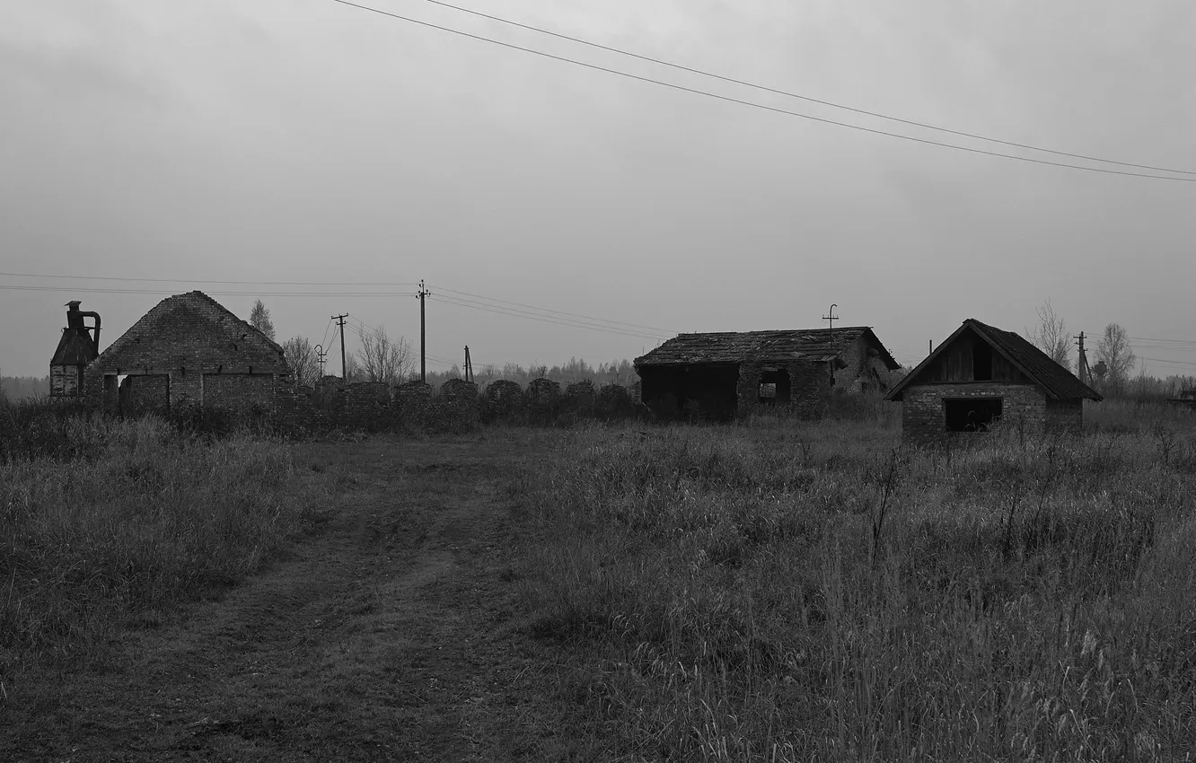 Photo wallpaper road, the sky, grass, building, home, black and white, Russia, architecture
