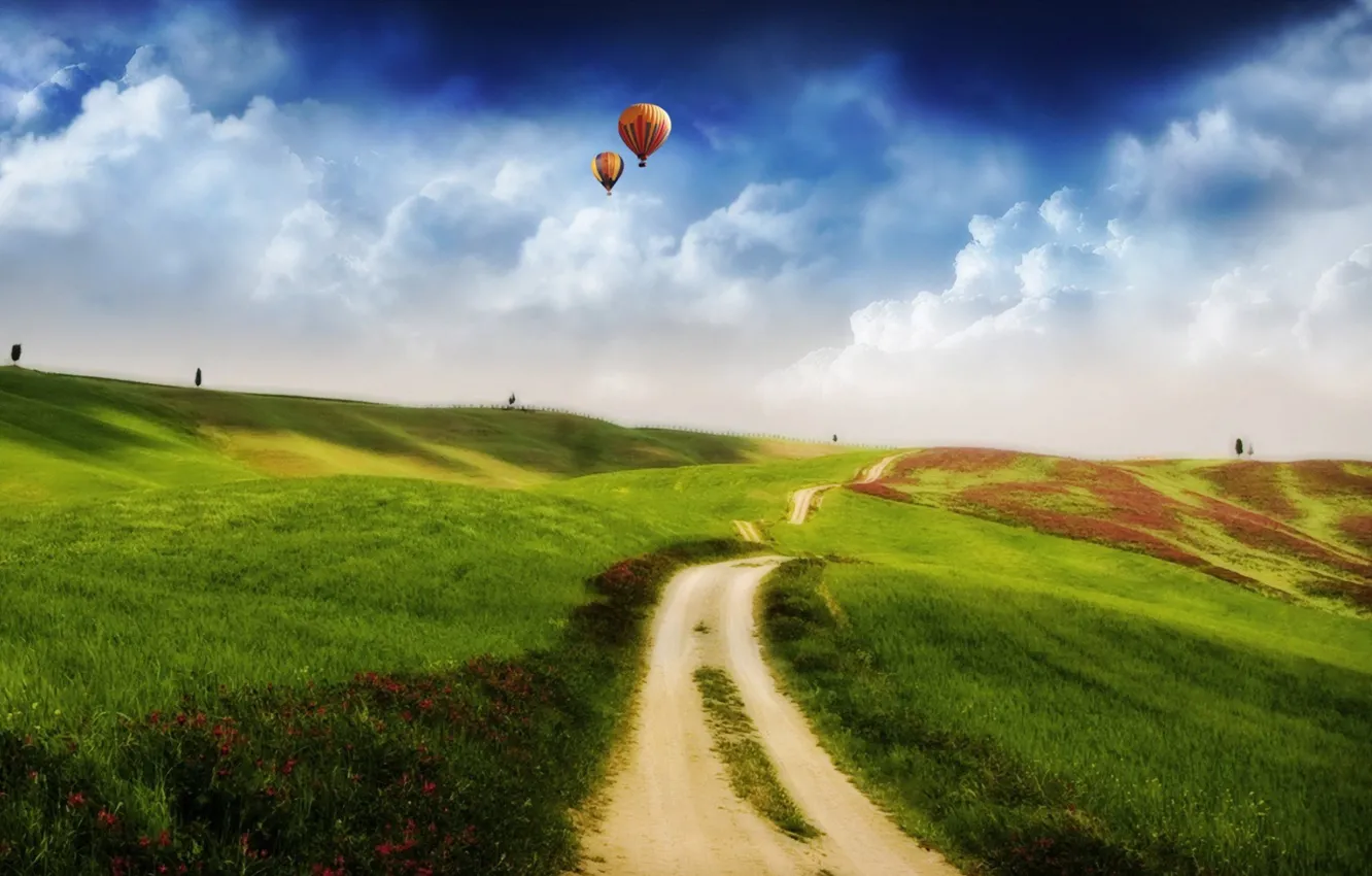 Photo wallpaper road, field, clouds, hills, balls, 157