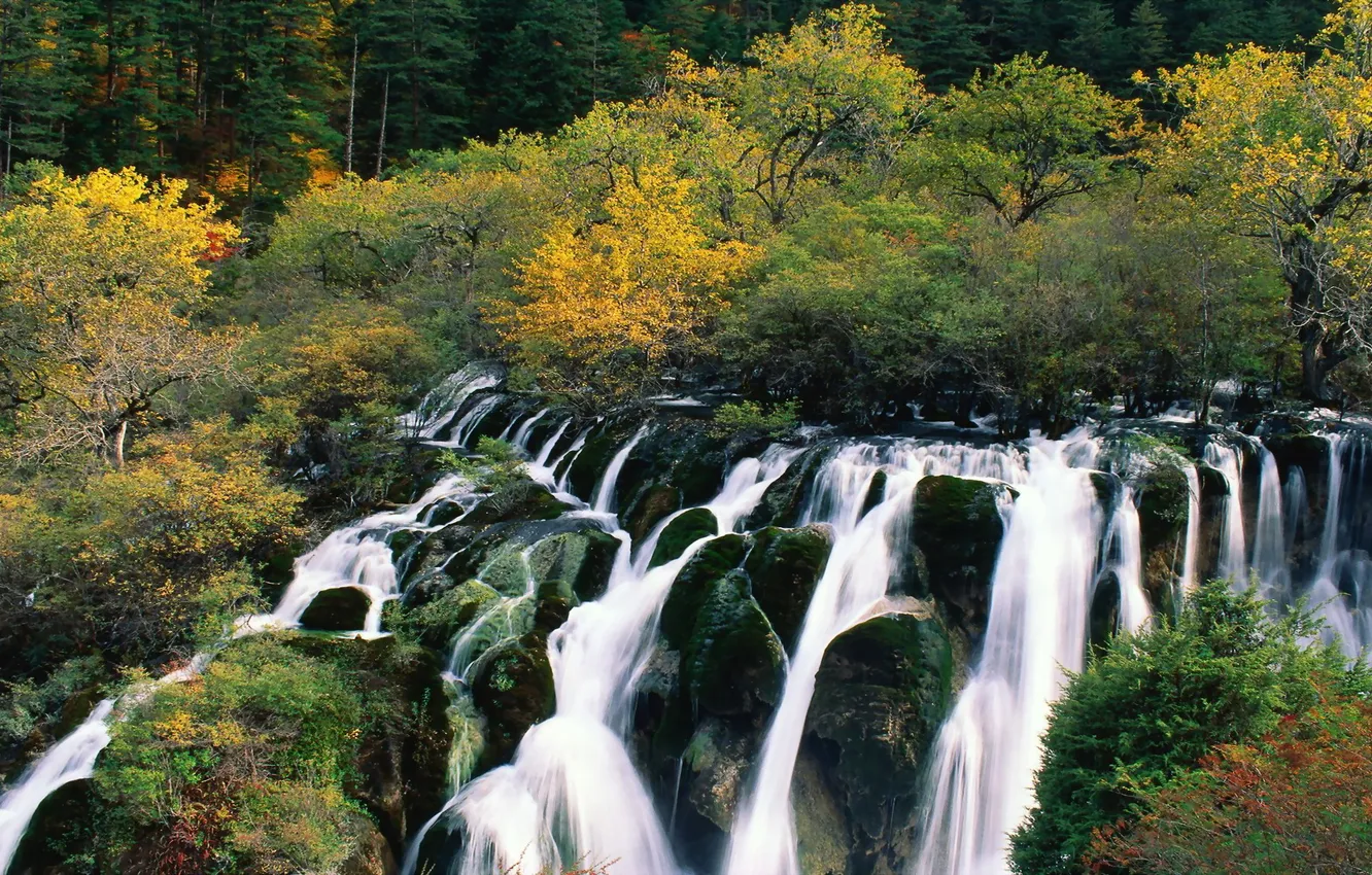Photo wallpaper autumn, forest, nature, waterfall, China