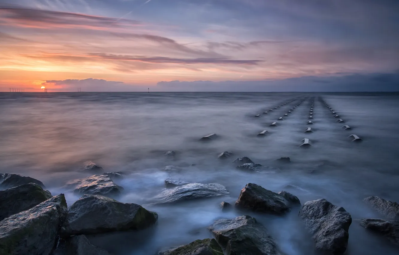 Photo wallpaper sea, sunset, stones